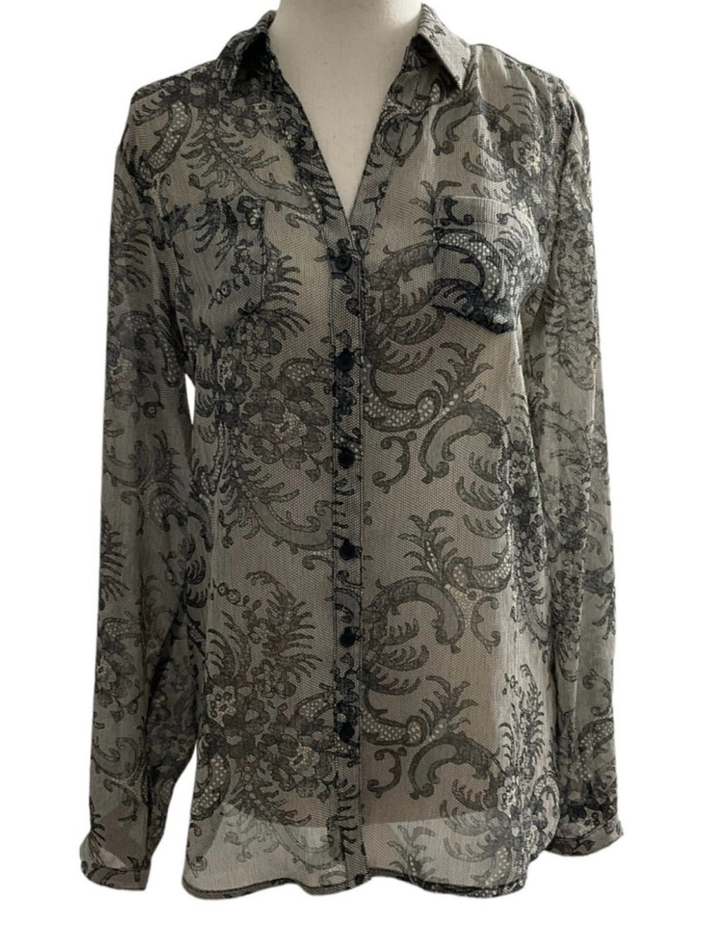 The Limited Sheer Paisley Button-Down V-Neck Blouse in Gray and Black, Sz XS